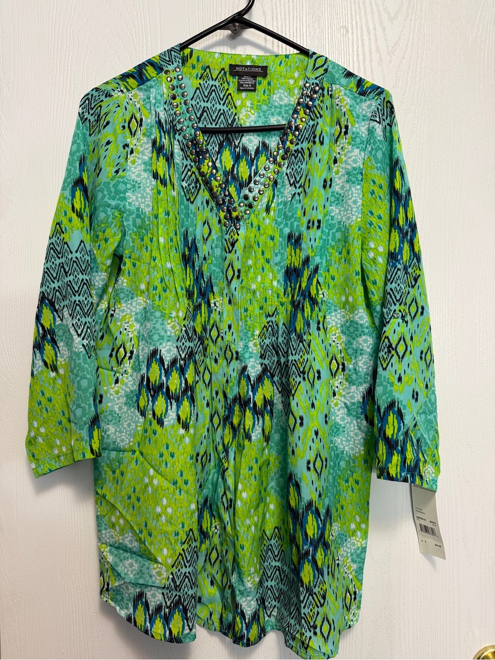 Teal & Lime Abstract Beaded V-Neck Tunic